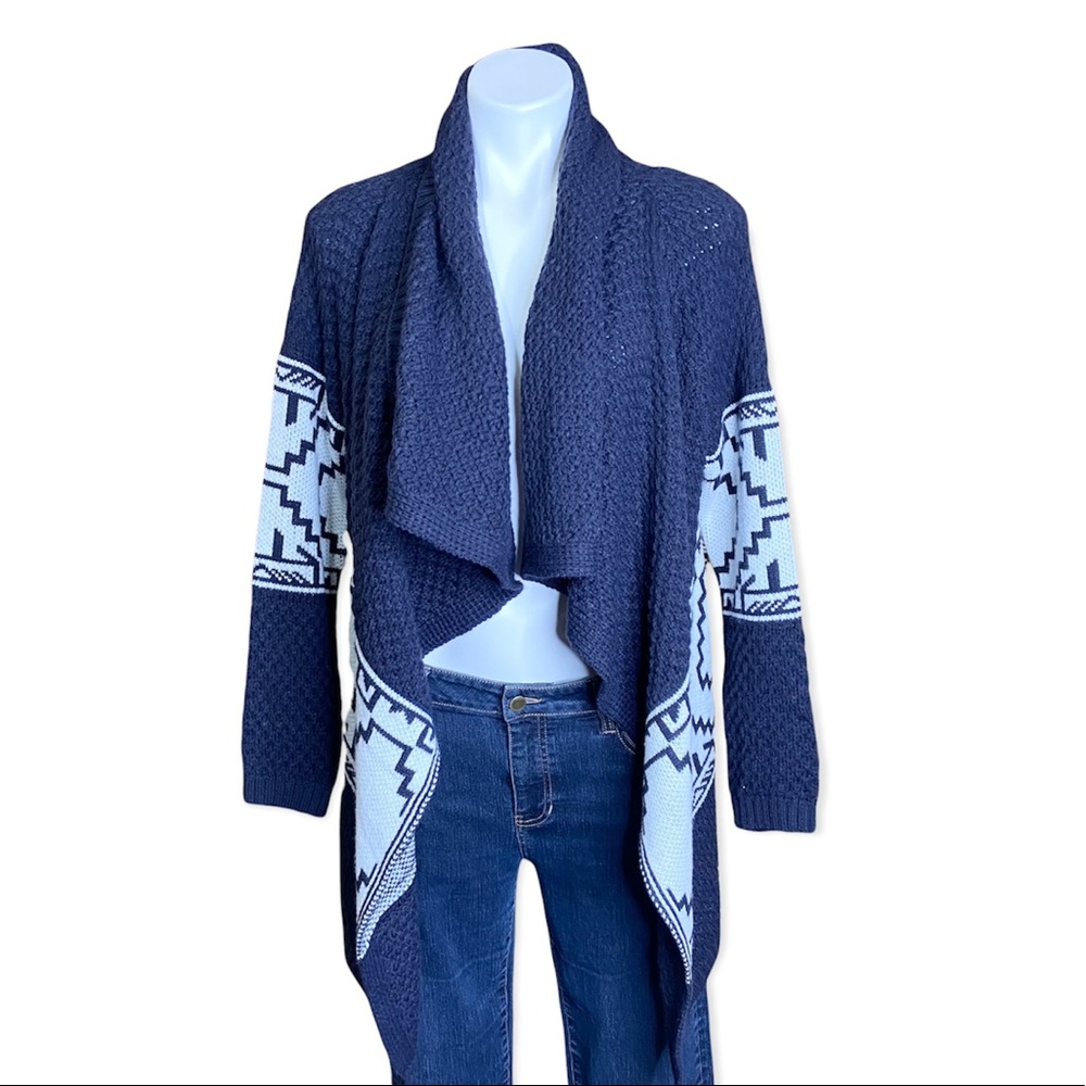 KATE COLLECTION Aztec Print Waterfall Cardigan Sweater  Navy White Large